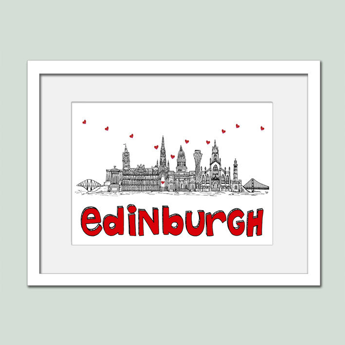 Thumbnail: Edinburgh landmarks black white and red print, Hearts, Housewarming gift.