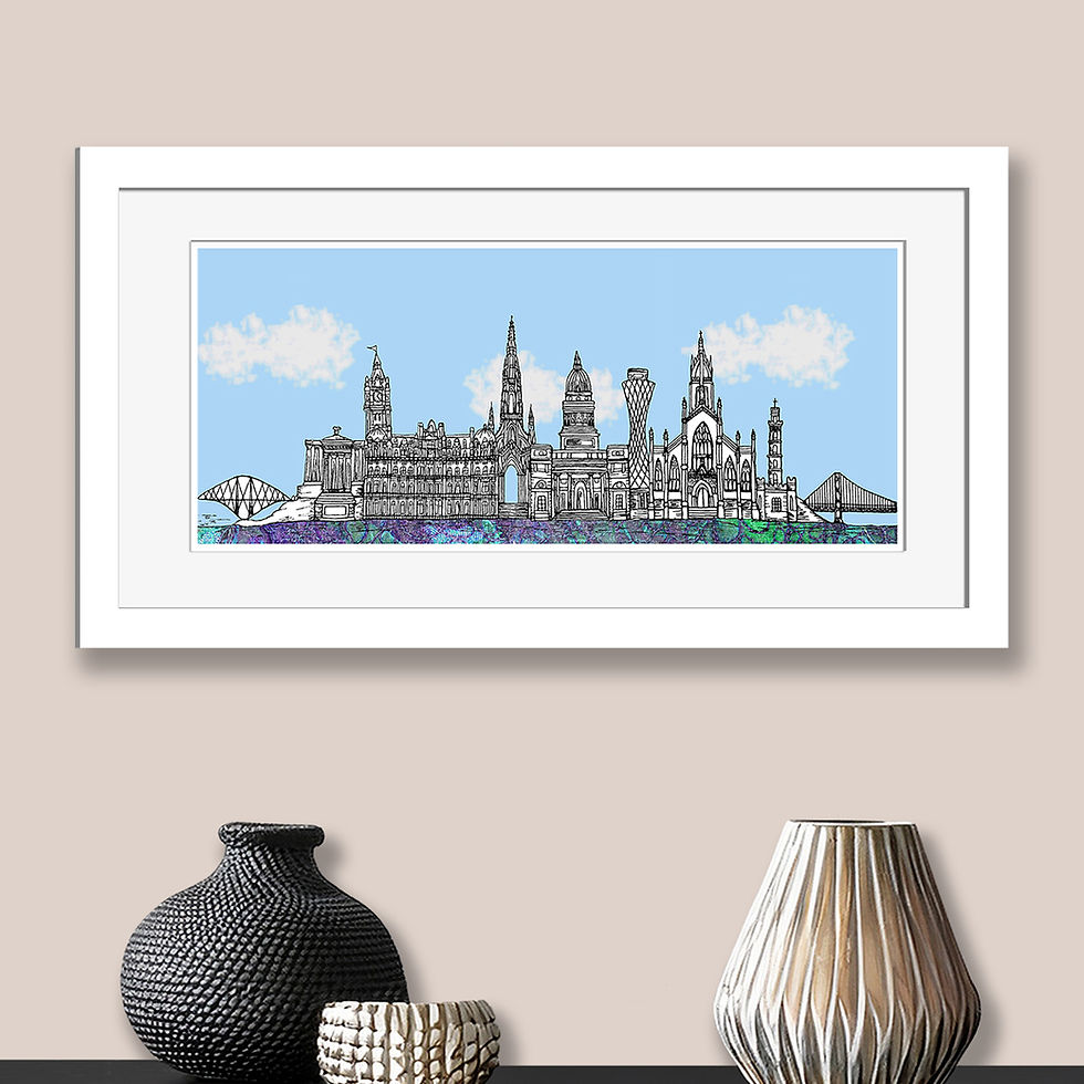 Thumbnail: Edinburgh landmarks skyline art print, blue, Housewarming gift.