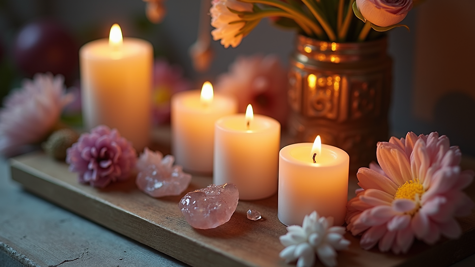 Close-up view of a small altar with candles, crystals, and flowers