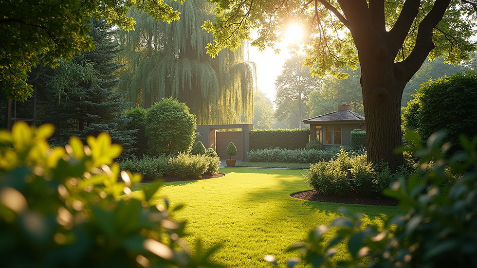 High angle view of a peaceful garden with soft sunlight filtering through trees