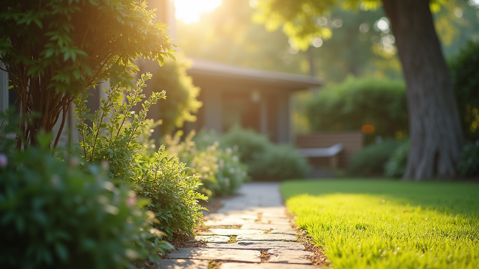 Eye-level view of a peaceful garden corner with soft sunlight