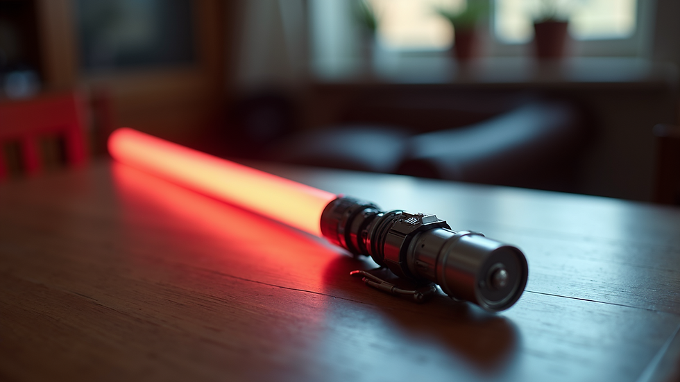 Eye-level view of a replica lightsaber hilt resting on a wooden table