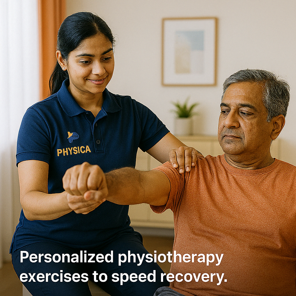 A physiotherapist guides a man through arm exercises in a calm, homey setting.
