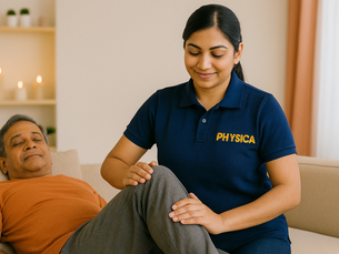 Physiotherapist assisting a patient in mobility exercises at home. Brand name is Physica on the tshirt of therapist