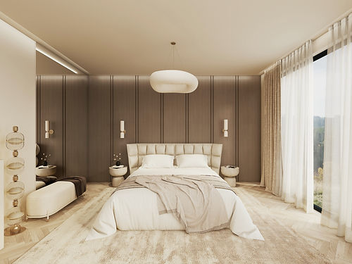 Elegantes Schlafzimmer mit großem Polsterbett, Echtholzfurnier-Rückwand und großzügigem Teppich in warmen Beige- und Brauntönen