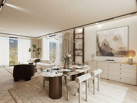 Detailansicht eines gedeckten Esstisches mit Geschirr, im Hintergrund Wohnbereich mit Sofalandschaft, Panoramafenstern und Wandregal in harmonischen Naturtönen.
