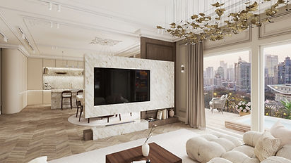 Helles Wohnzimmer mit schwebender TV-Wand aus Marmor und Holz, Kamin und Blick auf die Aussicht. Farbkonzept in Creme, Beige, Holzakzenten und Goldakzenten.