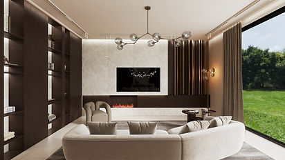 Wohnzimmer mit TV-Wand aus Marmor, Holz und Messingelementen, Blick in den Garten. Farbpalette in Greige, Beige, Braun und Goldakzenten