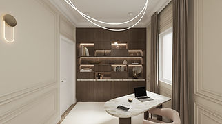 Arbeitszimmer mit integriertem Einbauschrank, Marmortisch, dekorativen Tablebooks und Vasen sowie indirekter Beleuchtung.