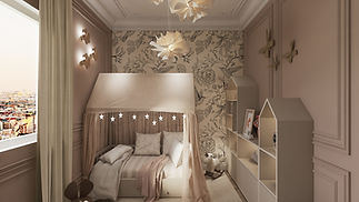 Rosa Kinderzimmer mit Zeltbett, dekorativen Pendelleuchten und stilvoller Tapete. Farbkonzept in Creme, Rosa und Beigetönen.