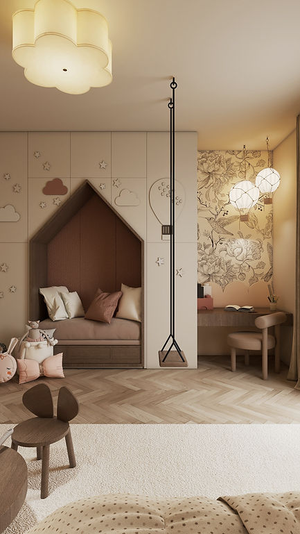 Verspieltes Kinderzimmer mit Einbauschrank und integrierter Sitznische in Hausform, Schreibtisch und Schaukel in sanften Rosa-, Beige- und Cremetönen mit Eichenparkett.