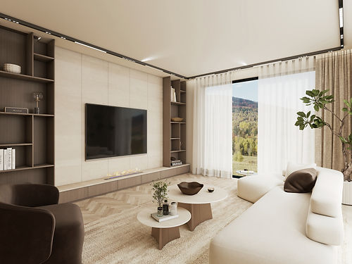Moderner Wohnbereich mit Sessel, TV-Einbauwand in Holztönen und integriertem Kamin vor großer Fensterfront in warmen Beige- und Braunnuancen.