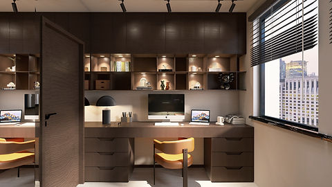 Moderner Arbeitsbereich mit großem Schreibtisch aus dunklem Nussbaumholz, indirekter Beleuchtung, Cognac-Ledersessel und eleganten Akzenten in Dunkelgrün, cleanes maskulines Design