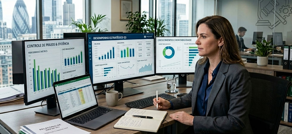 Gestora analisando indicadores para estruturar o crescimento de um escritório de advocacia com método e previsibilidade