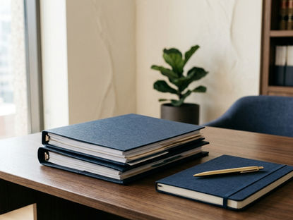 Uma foto editorial de um escritório de advocacia moderno e minimalista. Em primeiro plano, uma mesa de madeira escura com pastas azuis empilhadas, um caderno e uma caneta dourada. Ao fundo, uma janela do chão ao teto com vista para uma cidade, uma planta de vaso e uma estante de livros de madeira cheia de livros. A atmosfera é profissional e limpa, com iluminação natural.