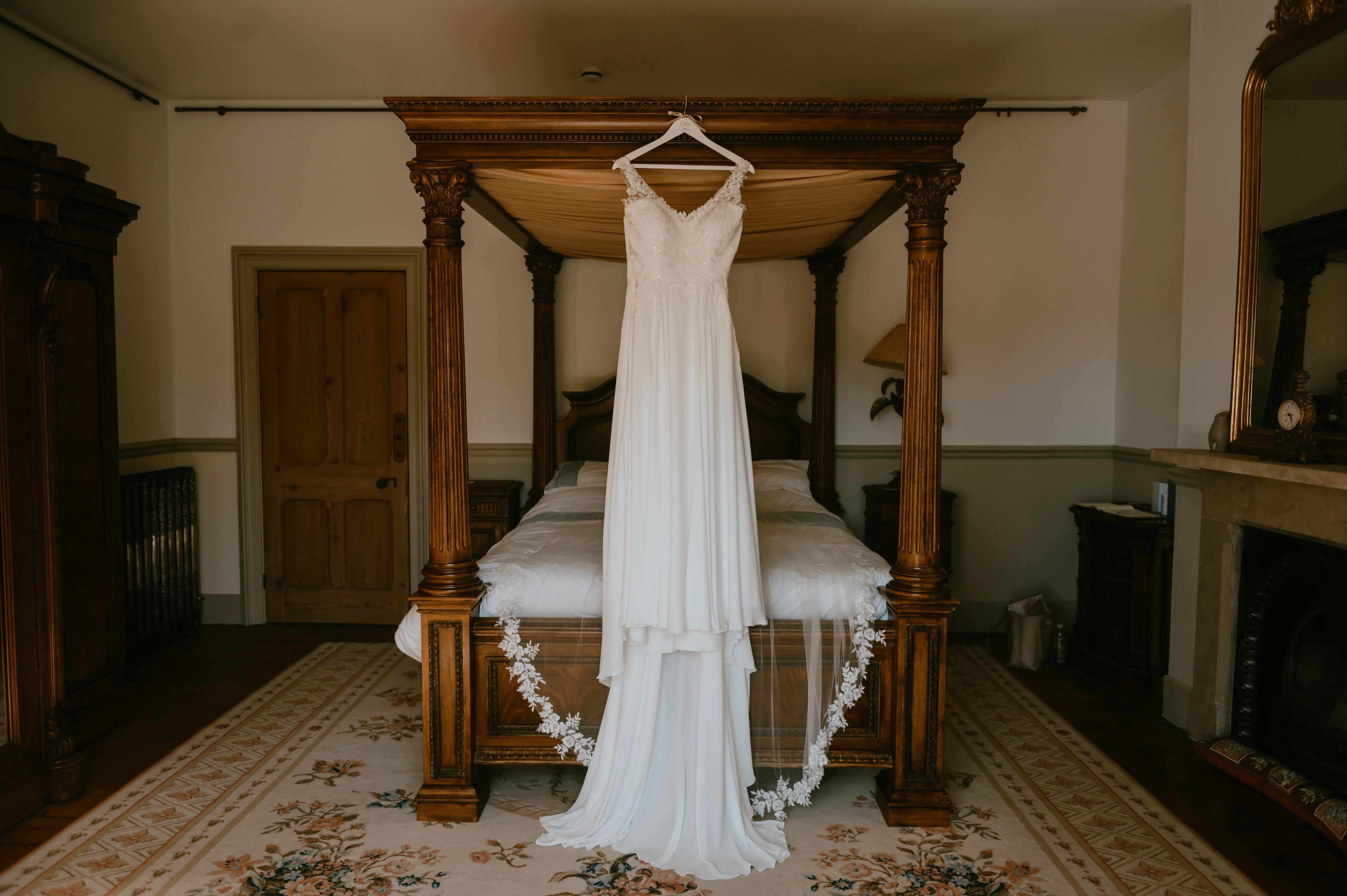 Wedding Dress hung in Bridal suite