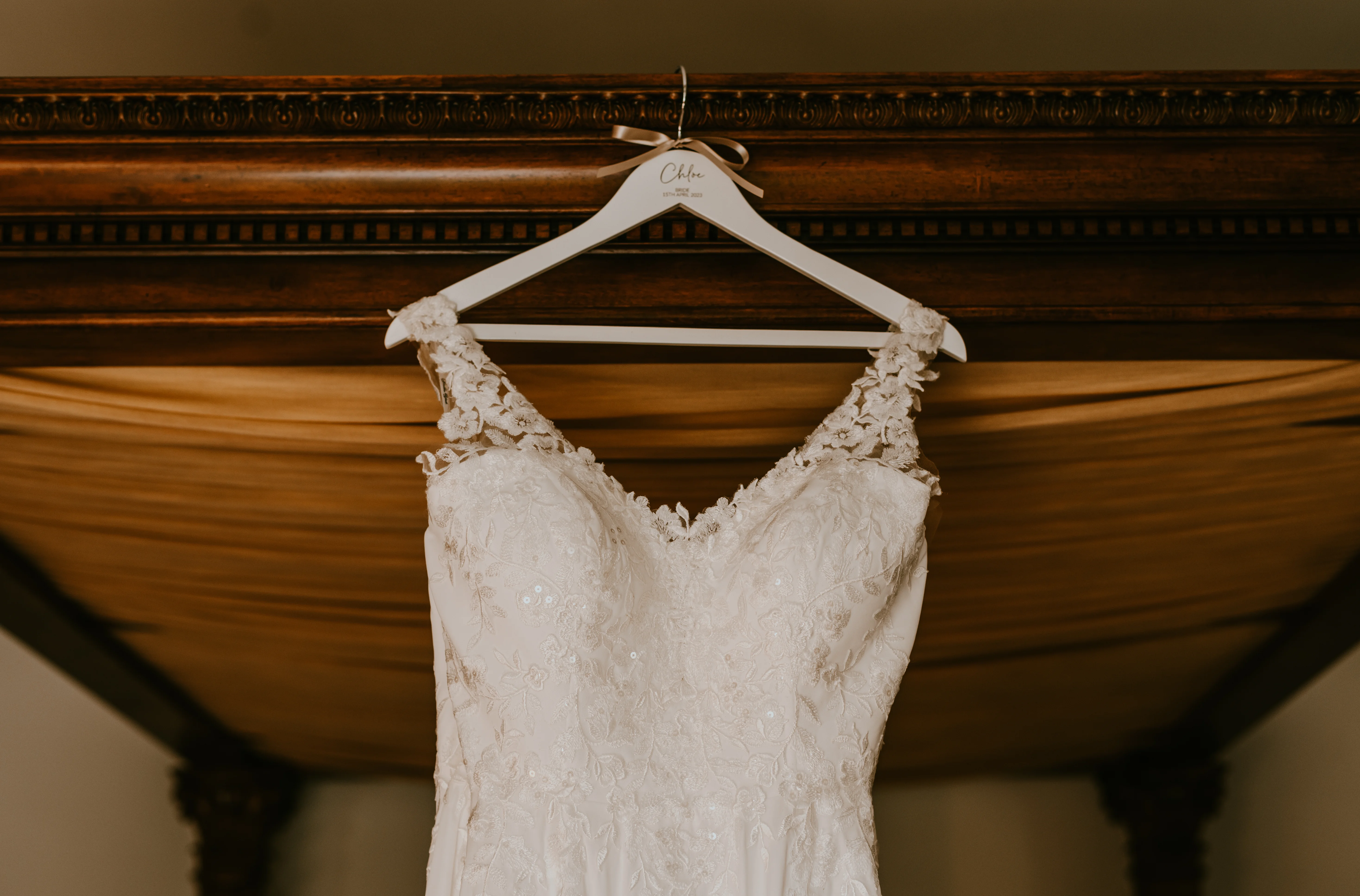 Wedding Dress hung in bridal suite