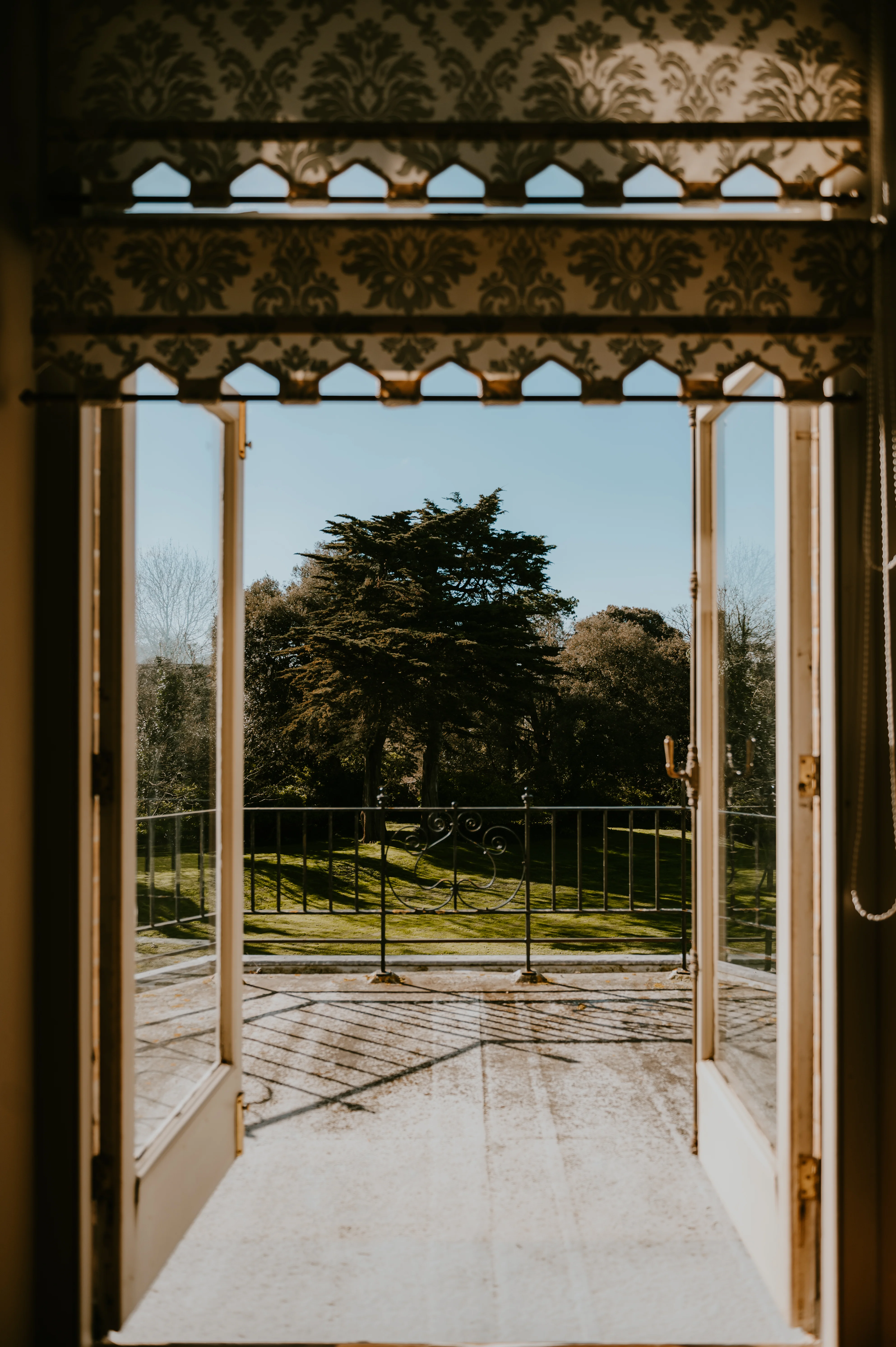 Balcony looking over manor grounds