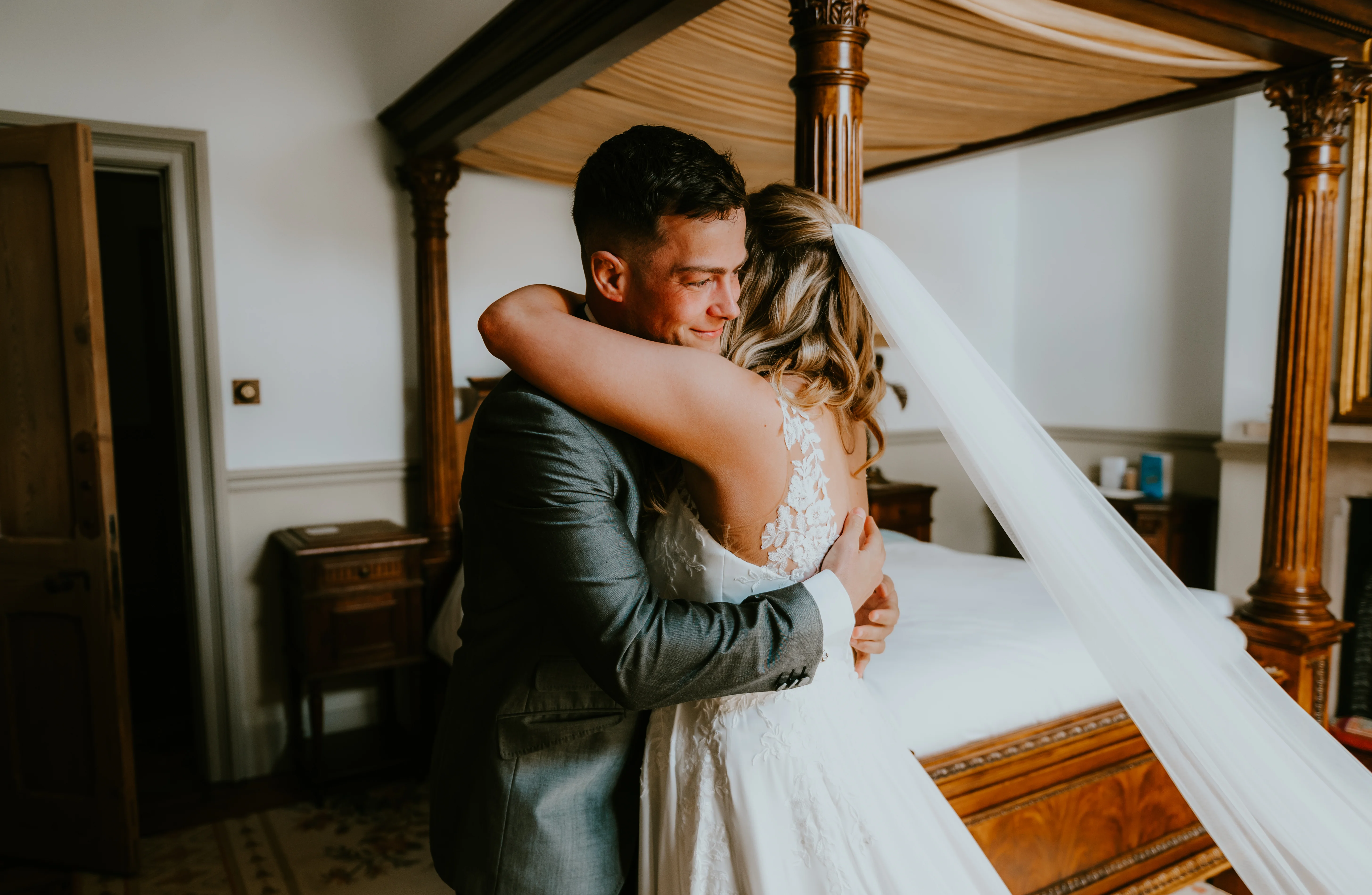 First look bride hugging groom