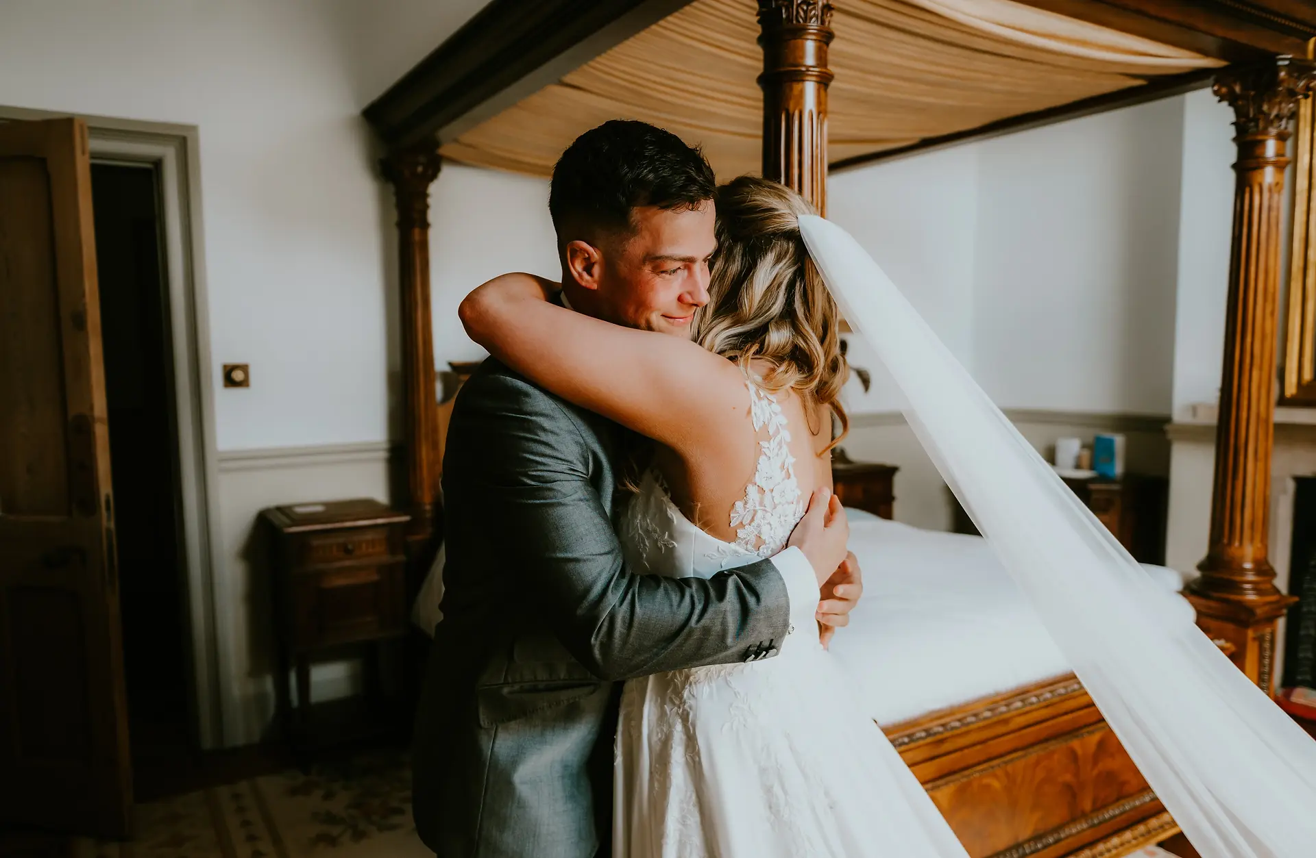 First look bride hugging groom