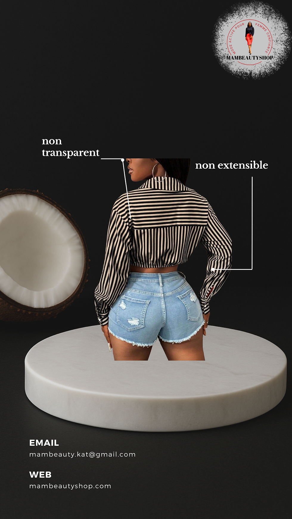 Miniature : Femme portant une chemise rayée et un short en jean, non transparent, non extensible.
