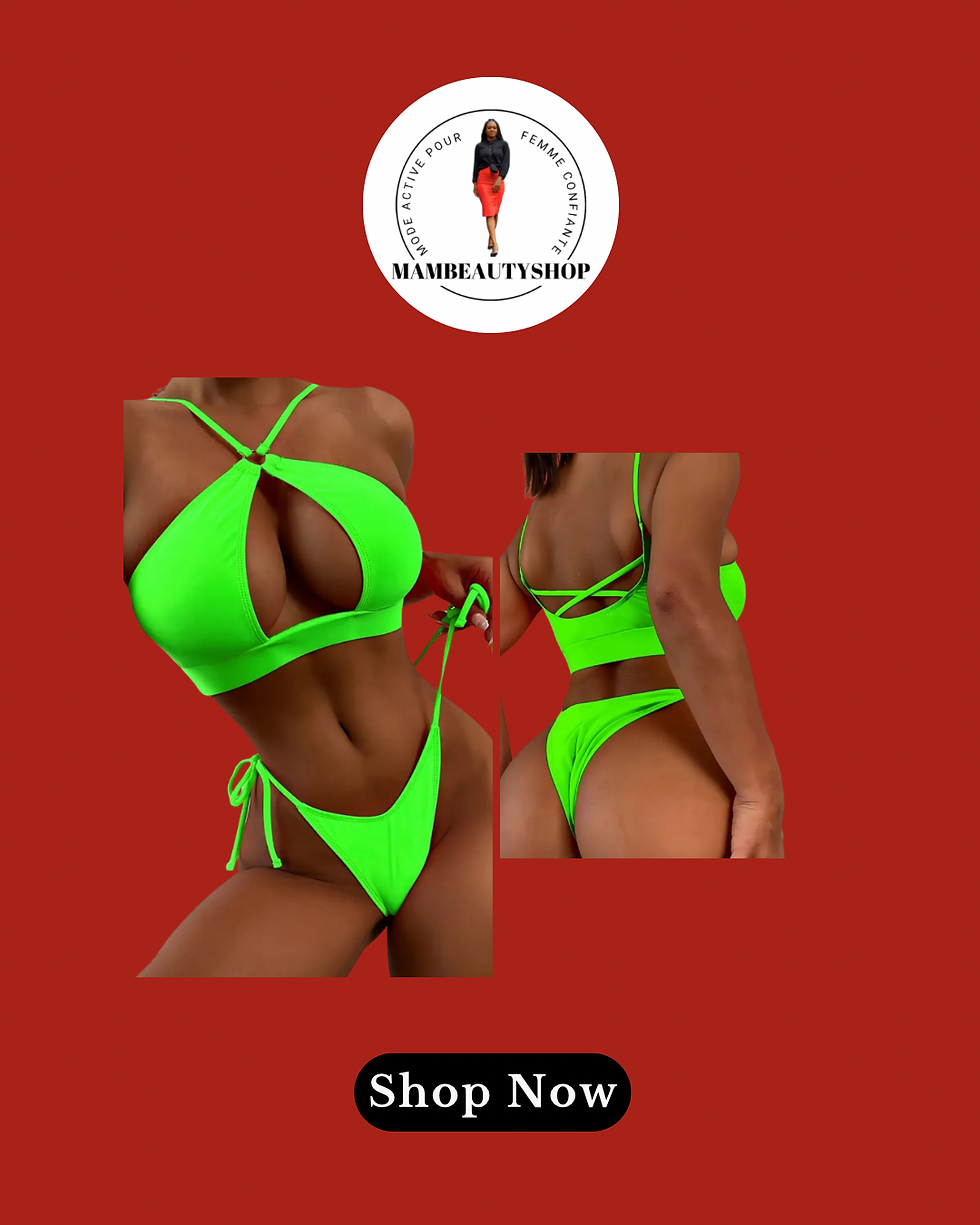 Maillot de bain vert vif, affichant le texte « Shop Now » MamBeautyShop
