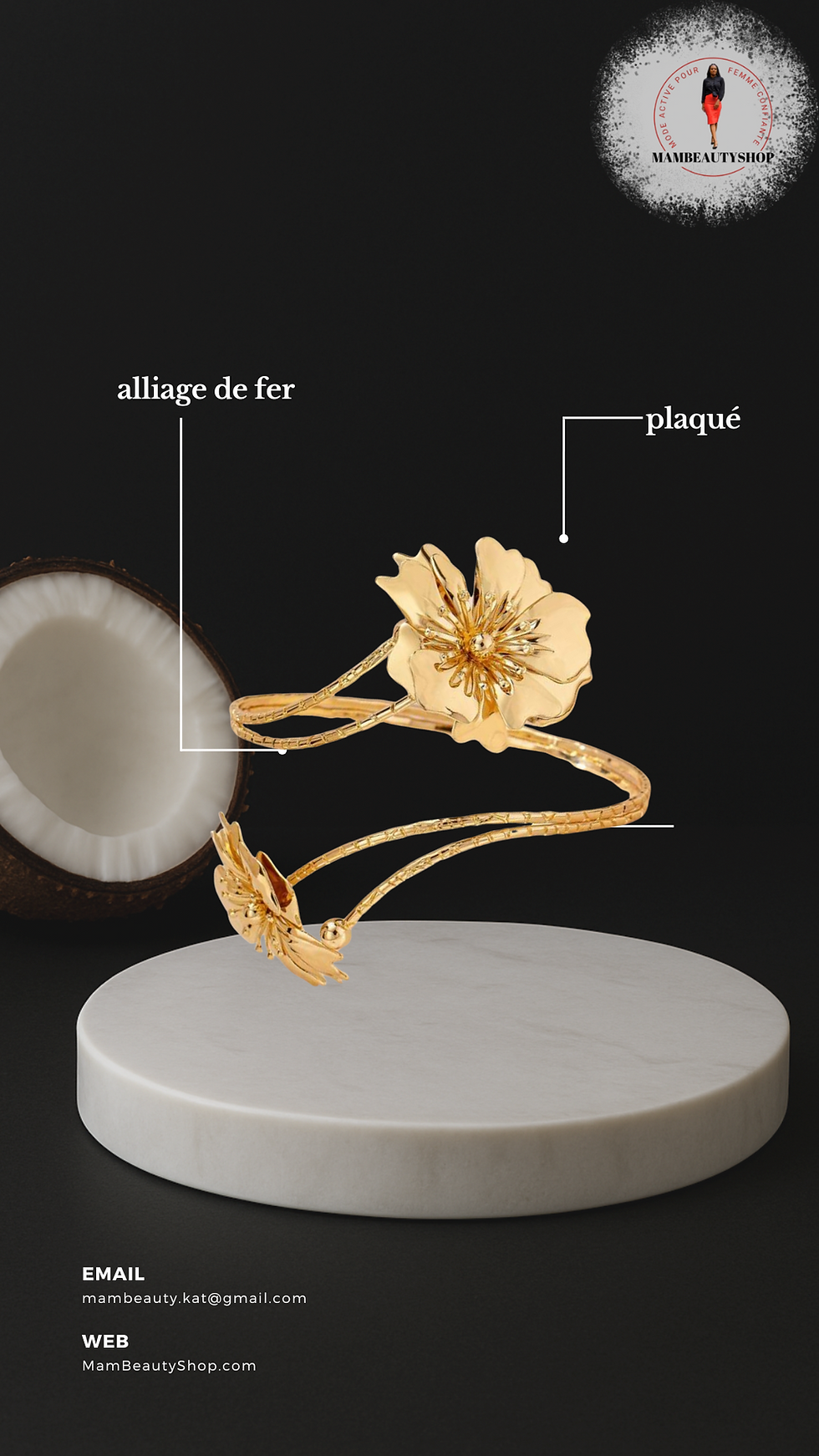 Bracelet doré avec fleur et texte "alliage de fer" et "plaqué" dans le contexte.