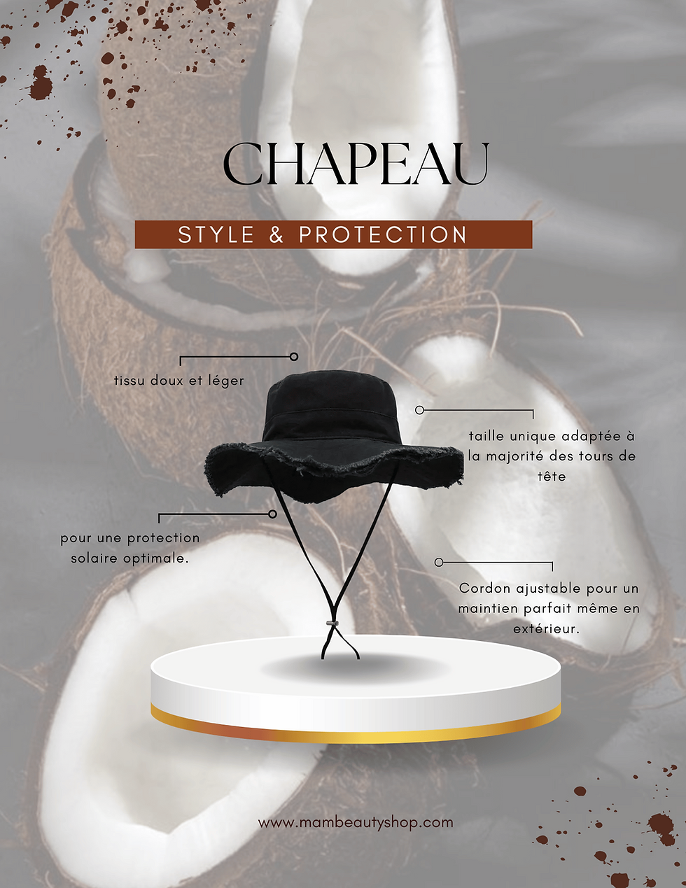 CHAPEAU STYLE & PROTECTION chapeau noir, tissu doux et léger pour une protection solaire optimale.