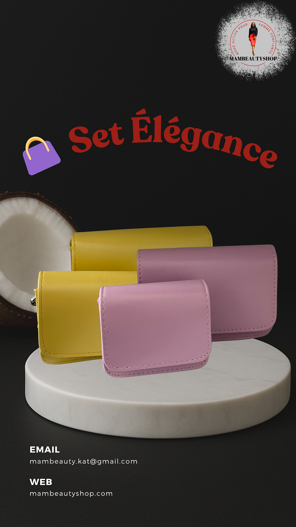 Set Élégance with yellow and pink bags on a white platform. MamBeautyShop