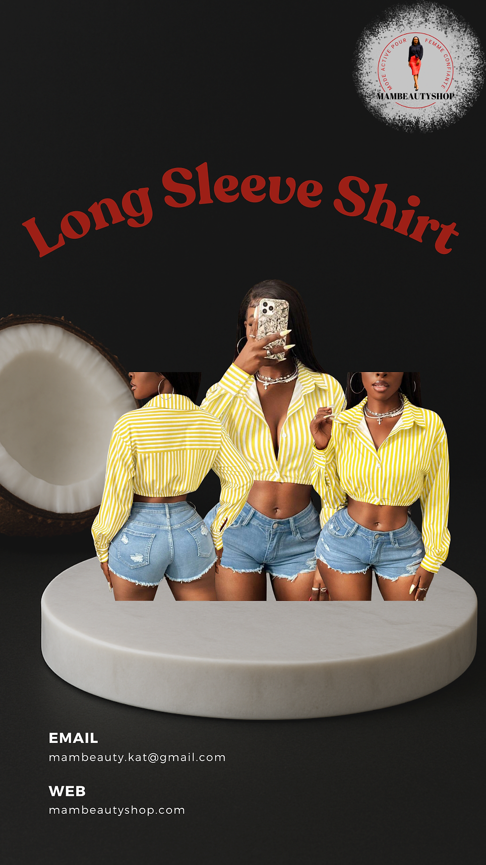 Femme portant une chemise longue jaune à rayures avec short en jean. MamBeautyShop