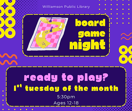 Board Game Night. Ages 12-18, 1st Tuesday of every month. %:30pm-6:30pm