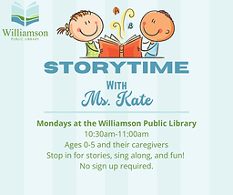 Two cartoon character kids reading a book. Storytime with Ms. Kate at Williamson Public Library Mondays 10:30am