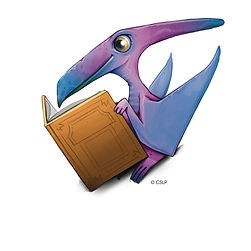 Cartoon pterodactyl reading an open book