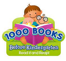 Logo of a 1000 Books before Kindergarten with text 1000 Books Before Kindergarten Read it and Reap