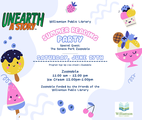 Summer Reading Party! Special Guest the Seneca Park ZooMobile! Saturday June 27th 11:00am-1:00pm. Zoomoblie 11:00-12:00
Ice Cream 12:00pm-1:00.