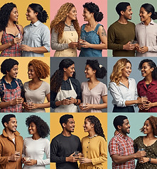 Pop art style collage of diverse couples from different ethnicities doing activities toget