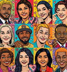 Collage of diverse couples from different ethnicities in relationships in a pop art style.