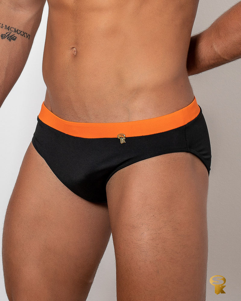 Thumbnail: Lateral Sunga Slim Preta com cós Laranja - Special Key Wear
