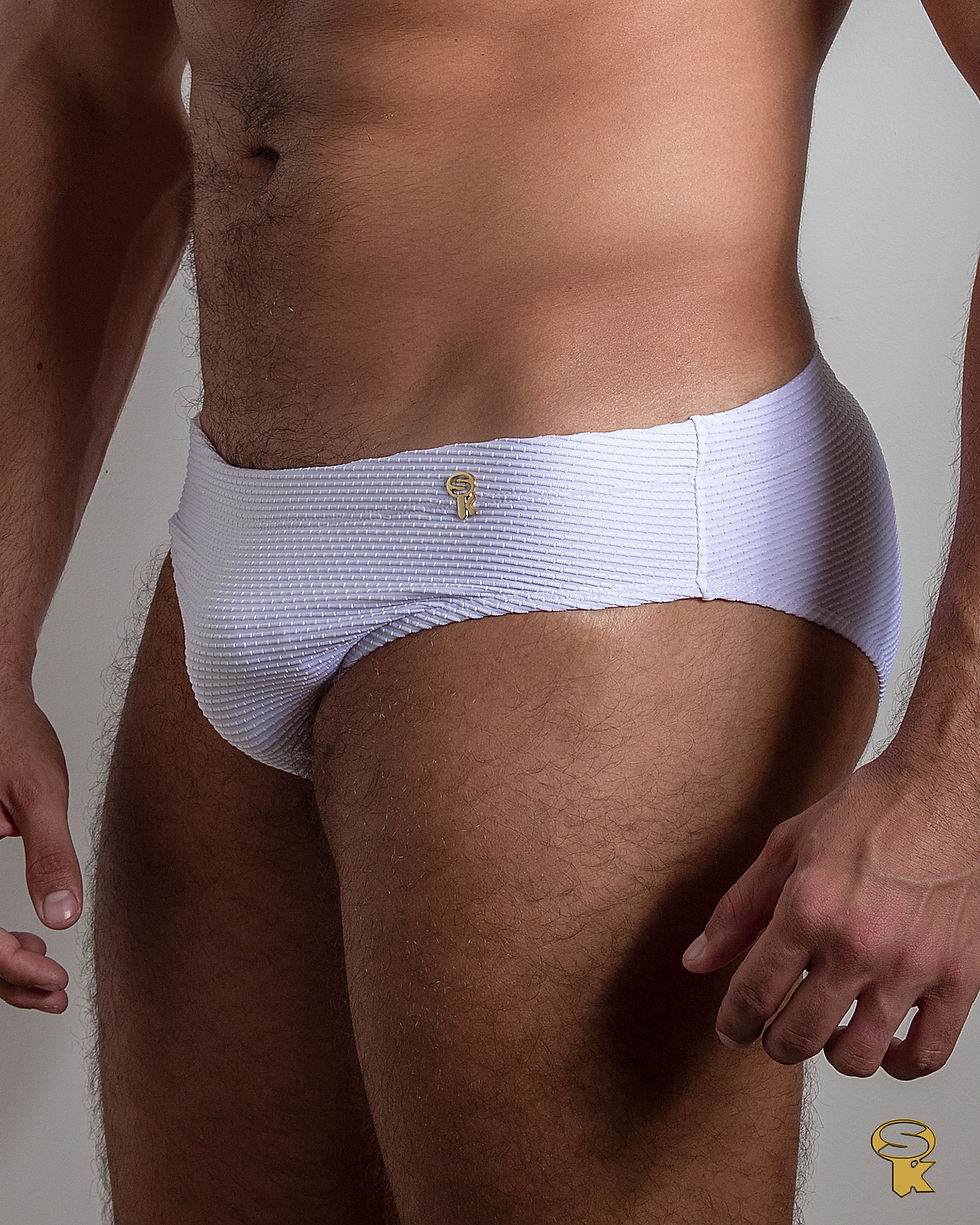 Miniatura: Lateral Sunga Slim em tecido Textura na cor Branco.