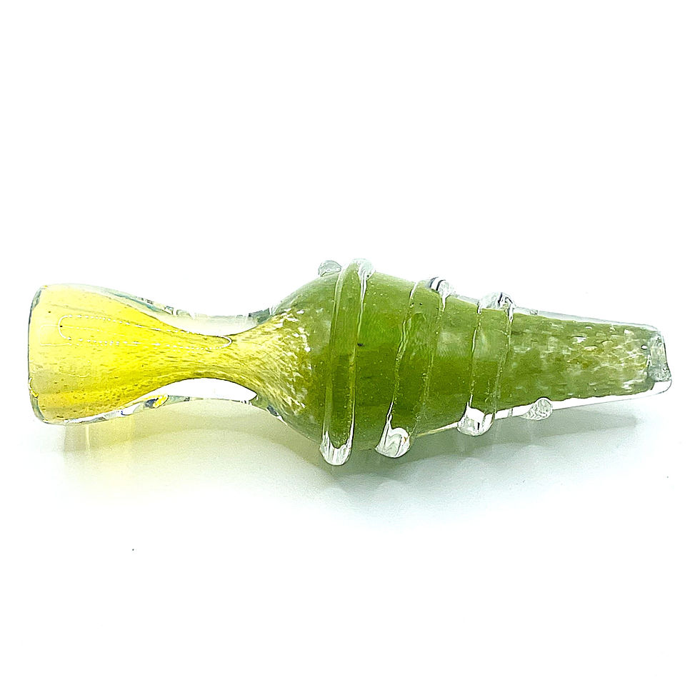 Thumbnail: Shop a 3 inch olive green ribbed glass chillum pipe with pale mouthpiece, raised grip rings, slim one hitter shape, and earth