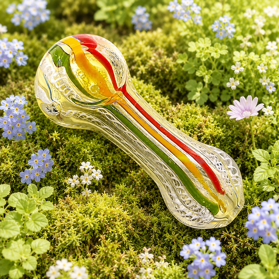 Rasta Glass Spoon Pipe with Tri-Color Stripe – 3.5 Inch on floral grass background