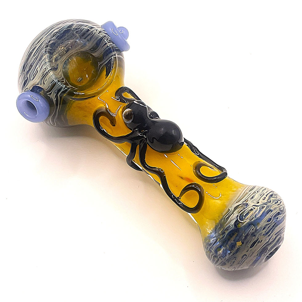 Amber Spider Glass Spoon Pipe with Marbled Ends – 5 Inch angled side view