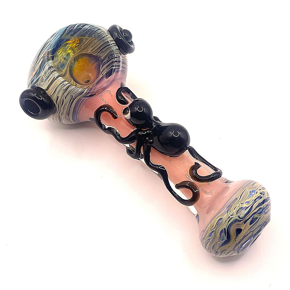 Thumbnail: Pink Spider Glass Spoon Pipe with Marbled Ends – 5 Inch angled side view