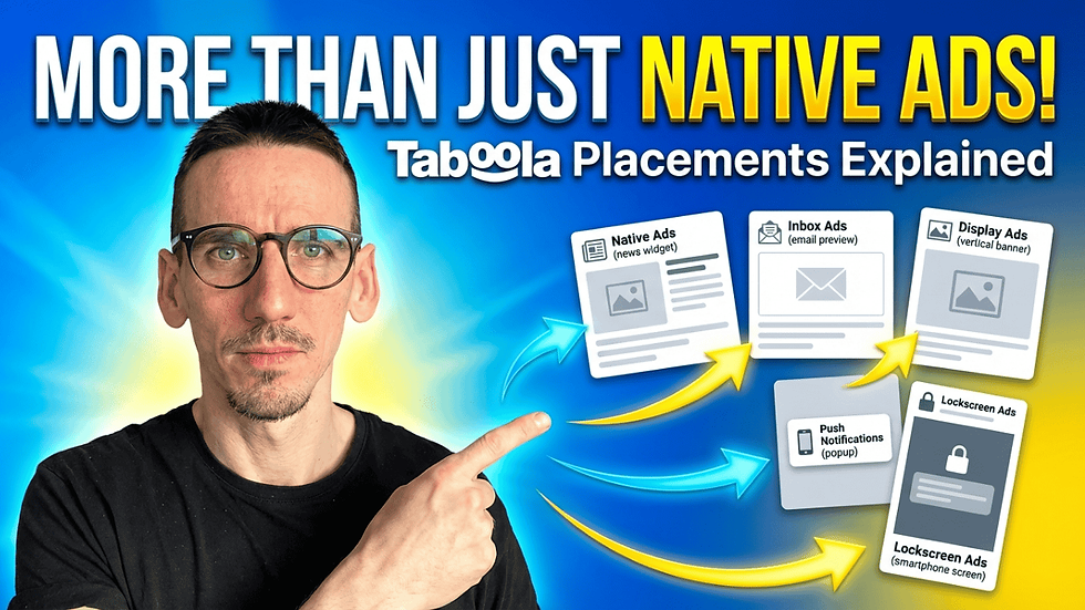 Taboola placements overview showing native ads, inbox ads, display ads, push notifications, and lockscreen ads with marketing expert pointing at formats