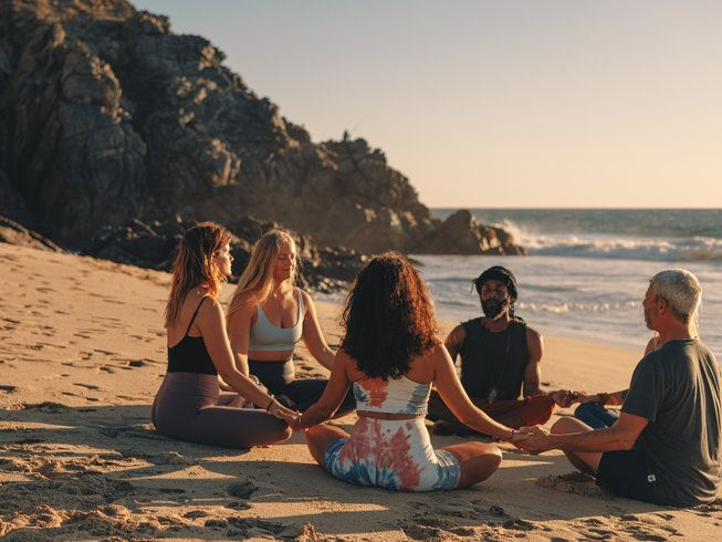 Five people sit in a circle holding hands on a sandy beach at sunset, practicing meditation. Waves crash in the background. Relaxed mood. 200 Hour Yoga Alliance Certification Teacher Training Retreat in Mexico