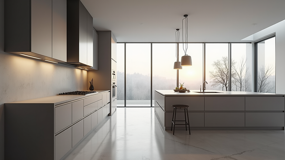 Eye-level view of a modern luxurious kitchen with aluminum cabinets