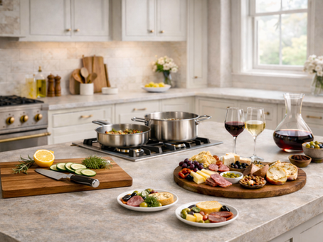 Kitchen island setup showing prep, cooking, and serving zones with cutting board, cookware, and charcuterie arrangement designed for effortless entertaining