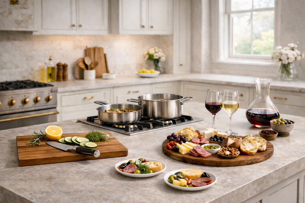 Kitchen island setup showing prep, cooking, and serving zones with cutting board, cookware, and charcuterie arrangement designed for effortless entertaining