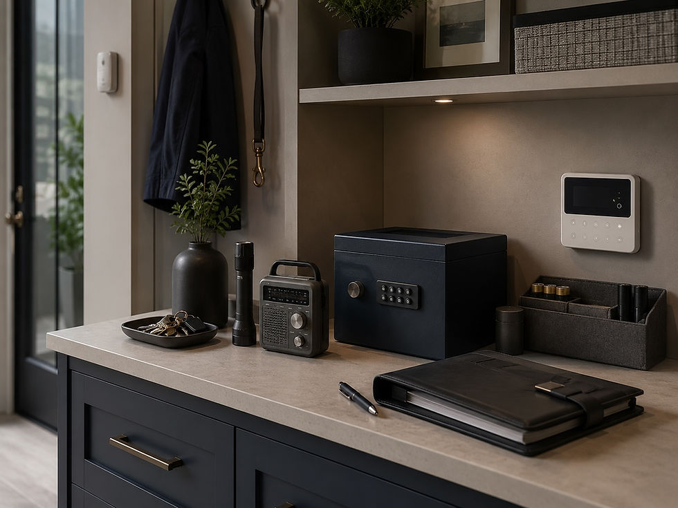Modern entryway with organized home security and preparedness essentials, including a safe, radio, flashlight, alarm panel, keys, and planning binder.