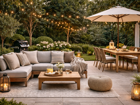 Outdoor patio setup with seating area, dining table, string lights, and umbrella designed for comfortable and functional everyday outdoor living